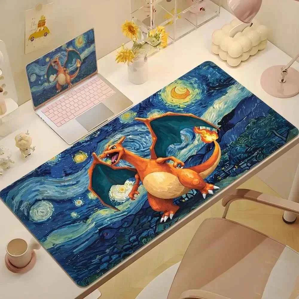Cute Psyduck Gaming Leather Mouse Pad PC Pikachu Large Size Gamer Keyboard Pokemon Desktop Mouse Mat Starry Night Tablecloth