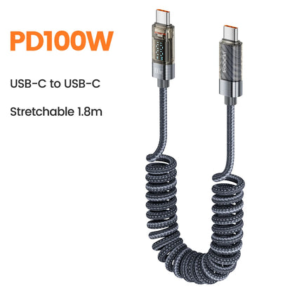 Toocki 6A USB Cable To USB C Spring Fast Phone Charger For Huawei PD100W Transparent Digital Display Type C Cable For Laptop LG