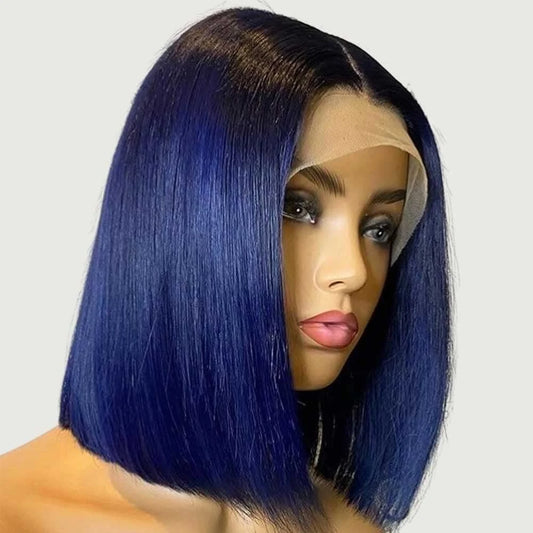 Dark Blue Short Straight Bob Wigs Human Hair 13x4 HD Lace Frontal Human Hair Wigs For Women 200 Density