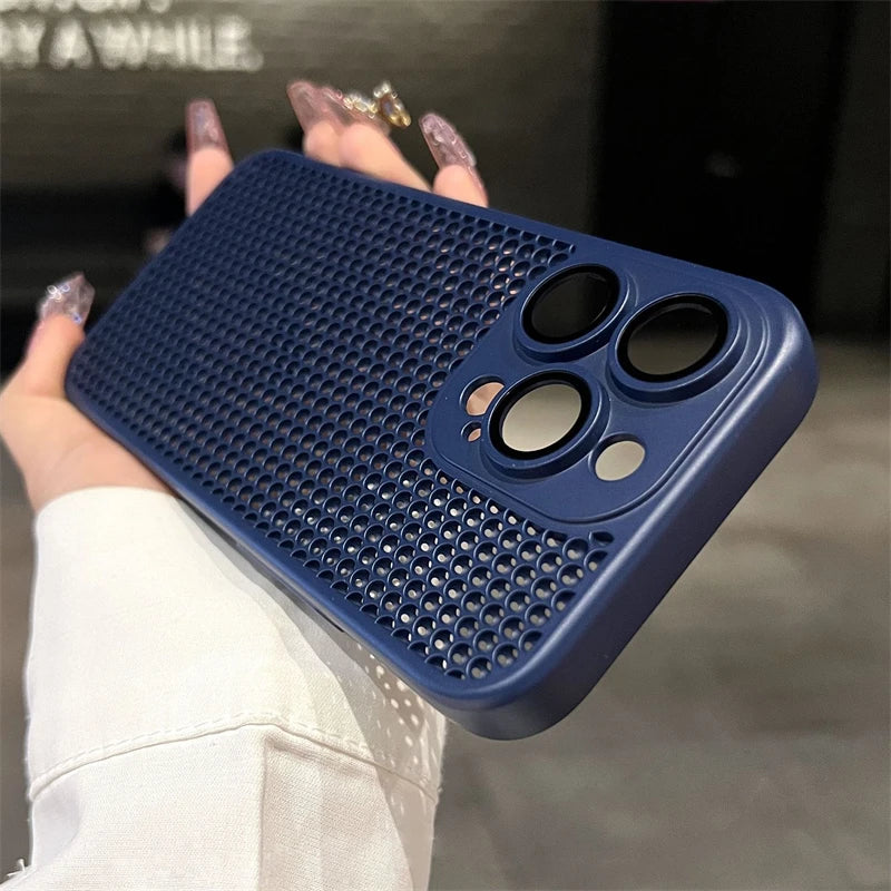 Original Heat Dissipation Breathable Mesh Hole Case For iPhone 16 15 14 11 12 13 Pro Max Plus Lens Protection Shockproof Cover