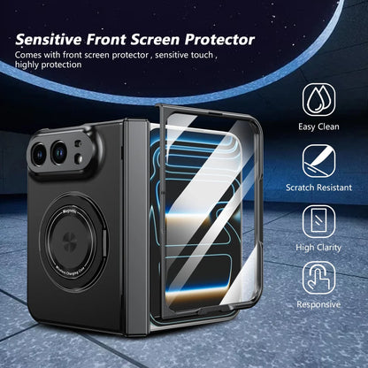 Black magnetic folding phone case with a clear front screen protector, shown from the back and side on a dark blue space-themed background with feature icons.