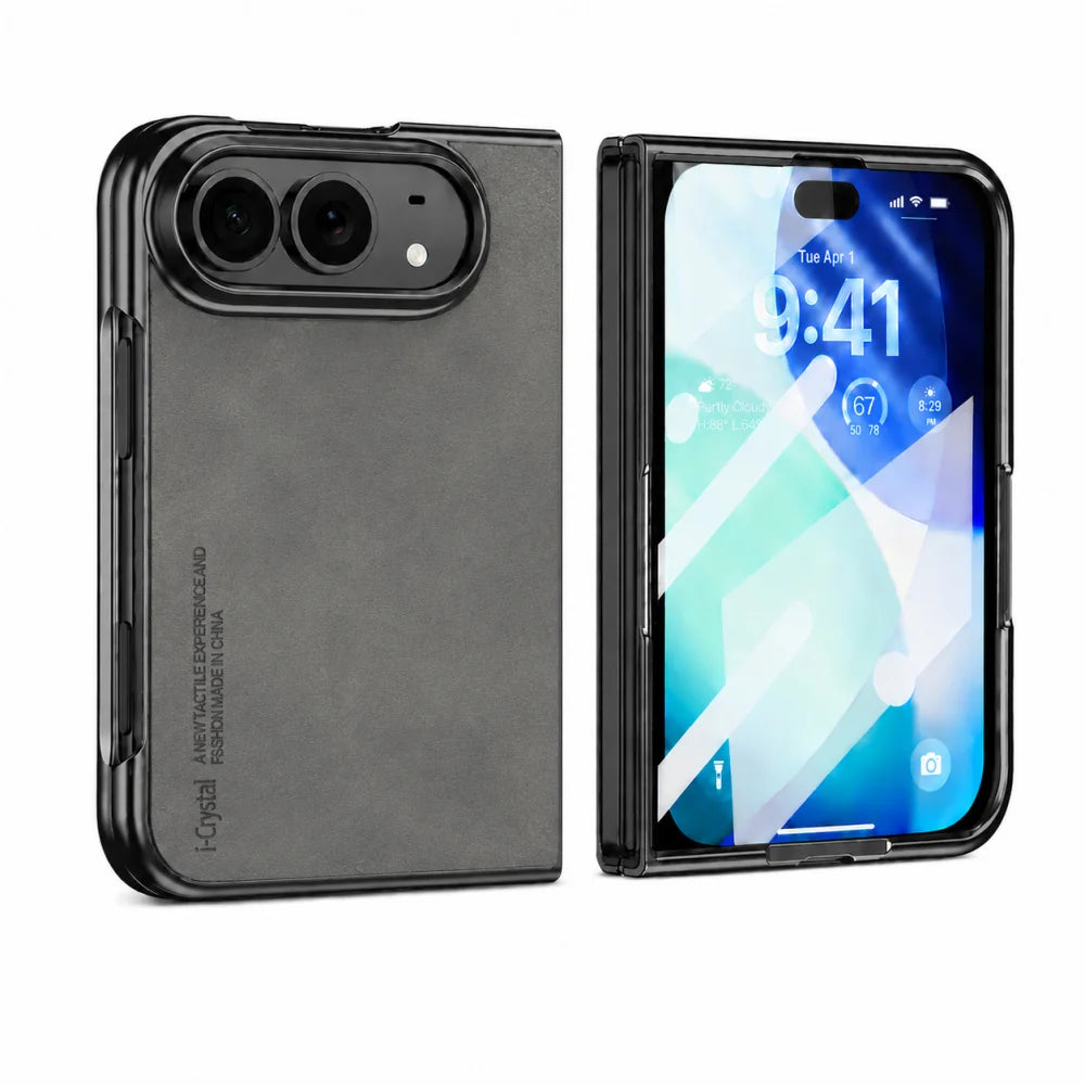 A black protective case for a folding smartphone, shown in two views: the back of the case on the left with a textured dark gray finish and camera cutout, and the front of the phone inside the case on the right with its screen on.