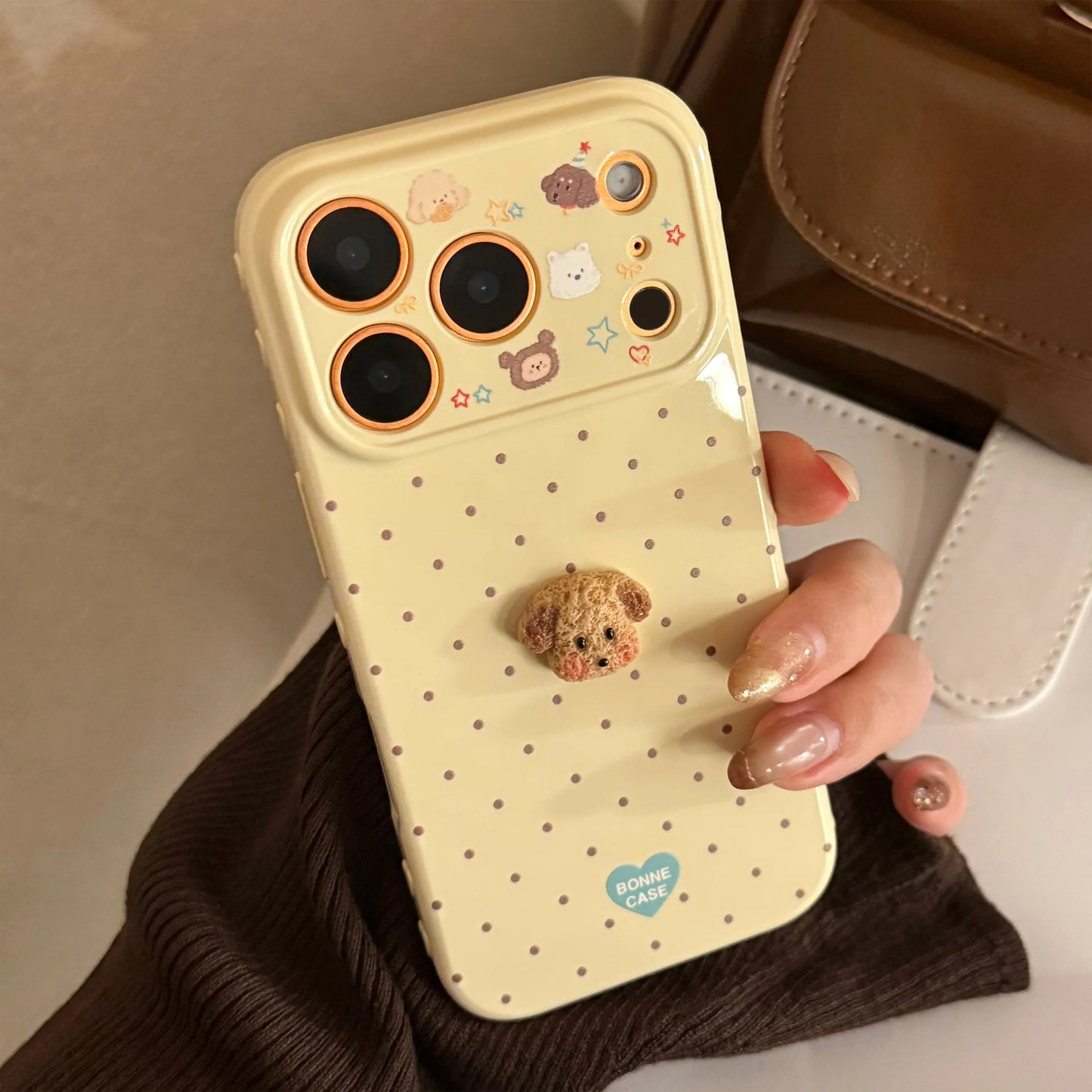 Korean Polka Dots 3D Cartoon Puppy Phone Case For iPhone 17 16 15 14 13 12 Pro Max Candy Colors Shockproof Protective Soft Cover