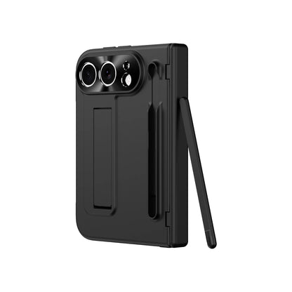 A black rugged protective phone case with a built-in kickstand, shown from a three-quarters angle on a solid white background.