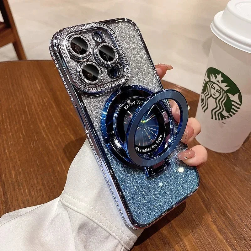 Luxury Glitter Rhinestone for Magsafe Bracket Case for iPhone 15 14 11 12 13 Pro Max Plus Bling Diamond Gradient Stand TPU Cover