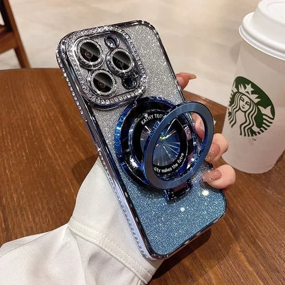 Luxury Glitter Rhinestone for Magsafe Bracket Case for iPhone 15 14 11 12 13 Pro Max Plus Bling Diamond Gradient Stand TPU Cover