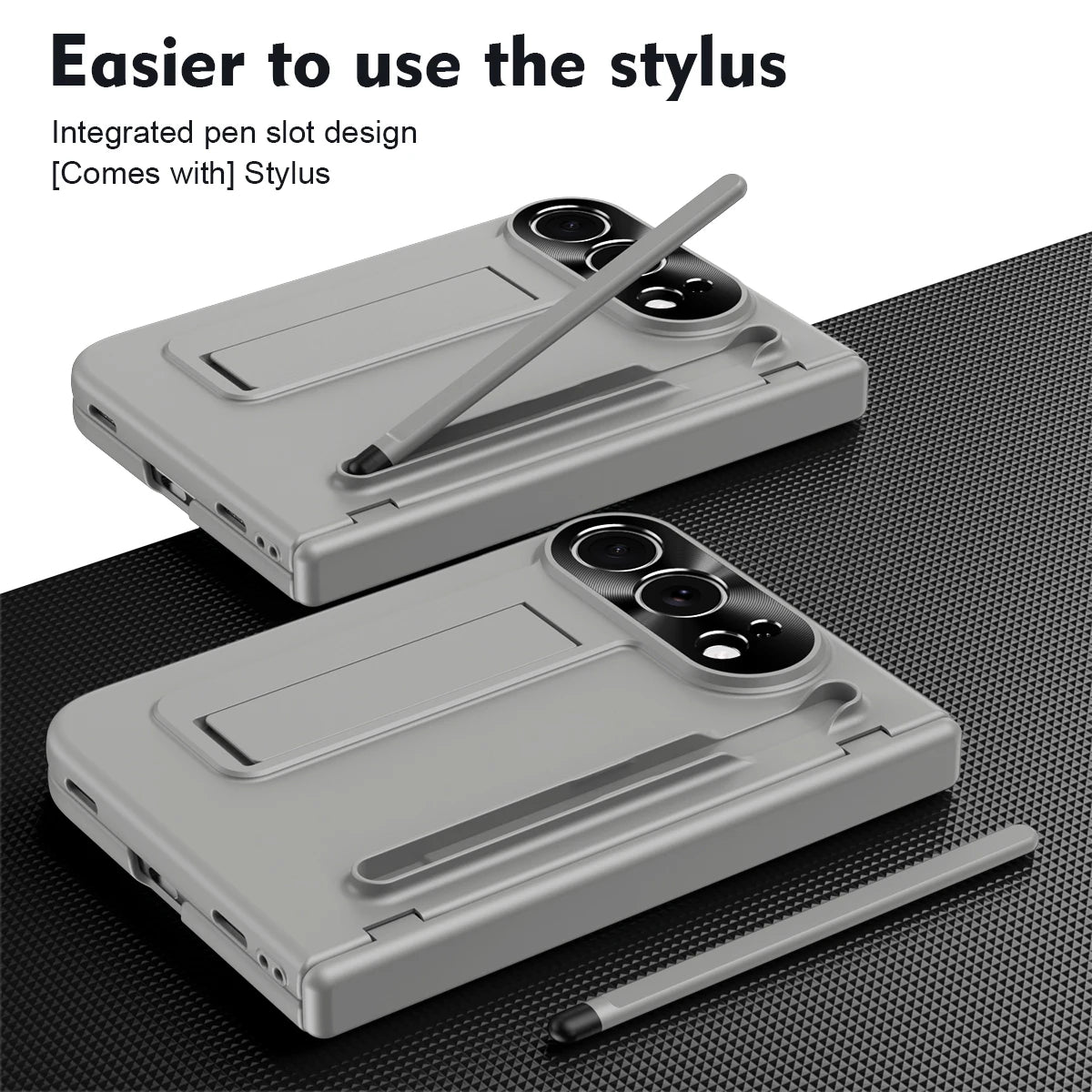 Two light gray rugged phone cases shown on a dark textured surface, each with an integrated pen slot holding a stylus. Text at the top reads 'Easier to use with the stylus' and 'Integrated pen slot design [Comes with] Stylus.