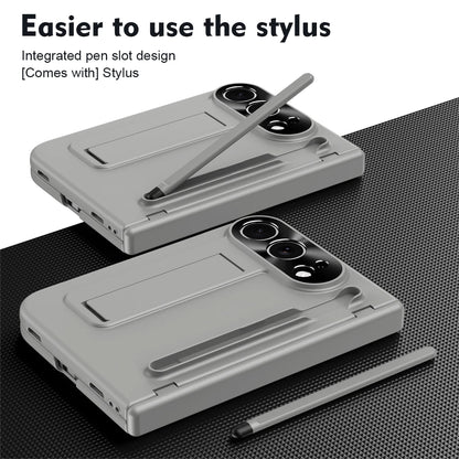 Two light gray rugged phone cases shown on a dark textured surface, each with an integrated pen slot holding a stylus. Text at the top reads 'Easier to use with the stylus' and 'Integrated pen slot design [Comes with] Stylus.