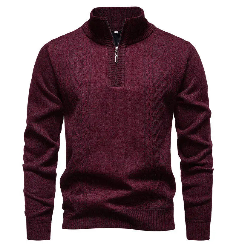 Winter Fleece-Lined Stand Collar Half-Zip Pullover Knitted Sweater for Men,Multi-Color Versatile Casual  Men's Knit Sweater