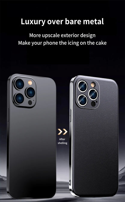 Genuine Cowhide Leather Phone Case for iPhone 16 15 11 12 13 14 Pro Max Luxury Plating Shockproof Lens Protection Back Cover