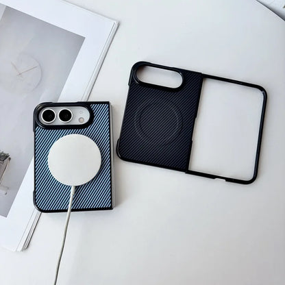 Two smartphone cases on a white surface: one case on a phone with a blue-and-white diagonal stripe pattern and a white MagSafe ring, and one black split-style case placed beside it.