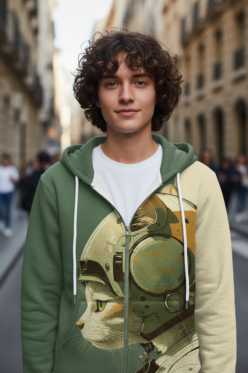 A young man with curly brown hair stands on a blurred city street wearing a green and cream zip-up hoodie with a large cat in a space helmet graphic printed on the front.