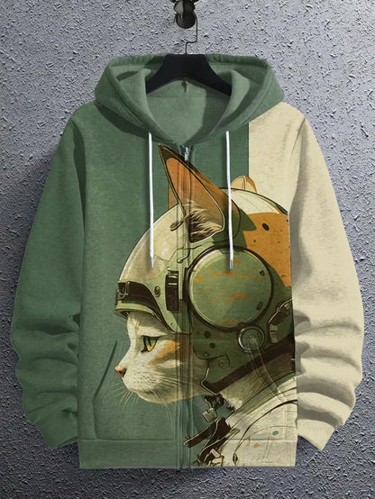 Hoodie with a cat in a helmet design on a gray background