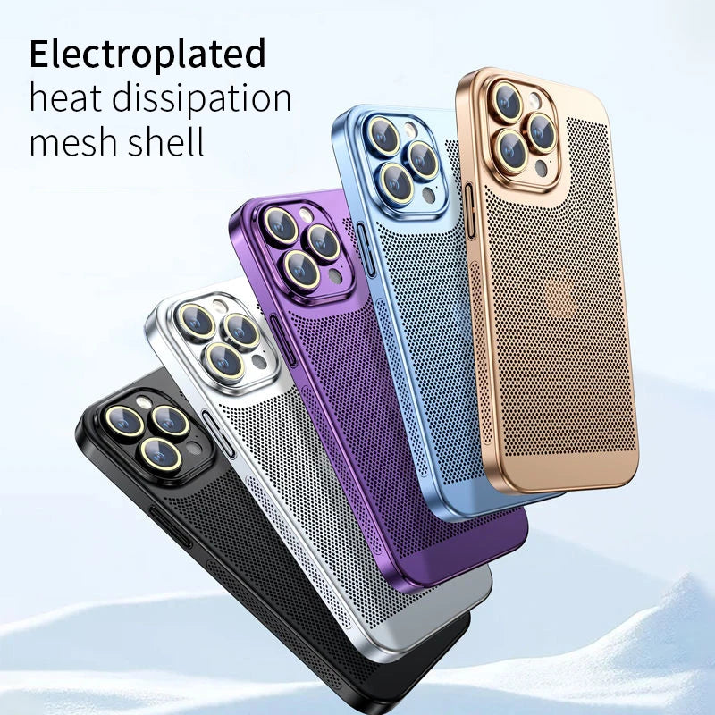 Electroplated Border Honeycomb Mesh Shell Phone Case For Iphone 11 12 13 14 15 16 Pro Max 14Plus XS Max Heat Dissipation Cover