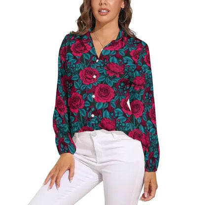 Red Roses Blouse Ladies Shirts Floral Print Retro Pattern Blouses Woman Casual Loose Shirts Spring Summer Long Sleeve Blouses