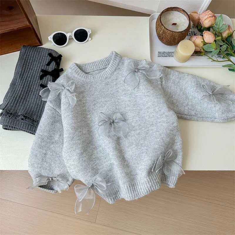 Korean Girls Solid Color Sweaters Cute Bow Children Clothing Autumn Winter Baby Kids Sweet Princess Knitted Sweater 1-10Y