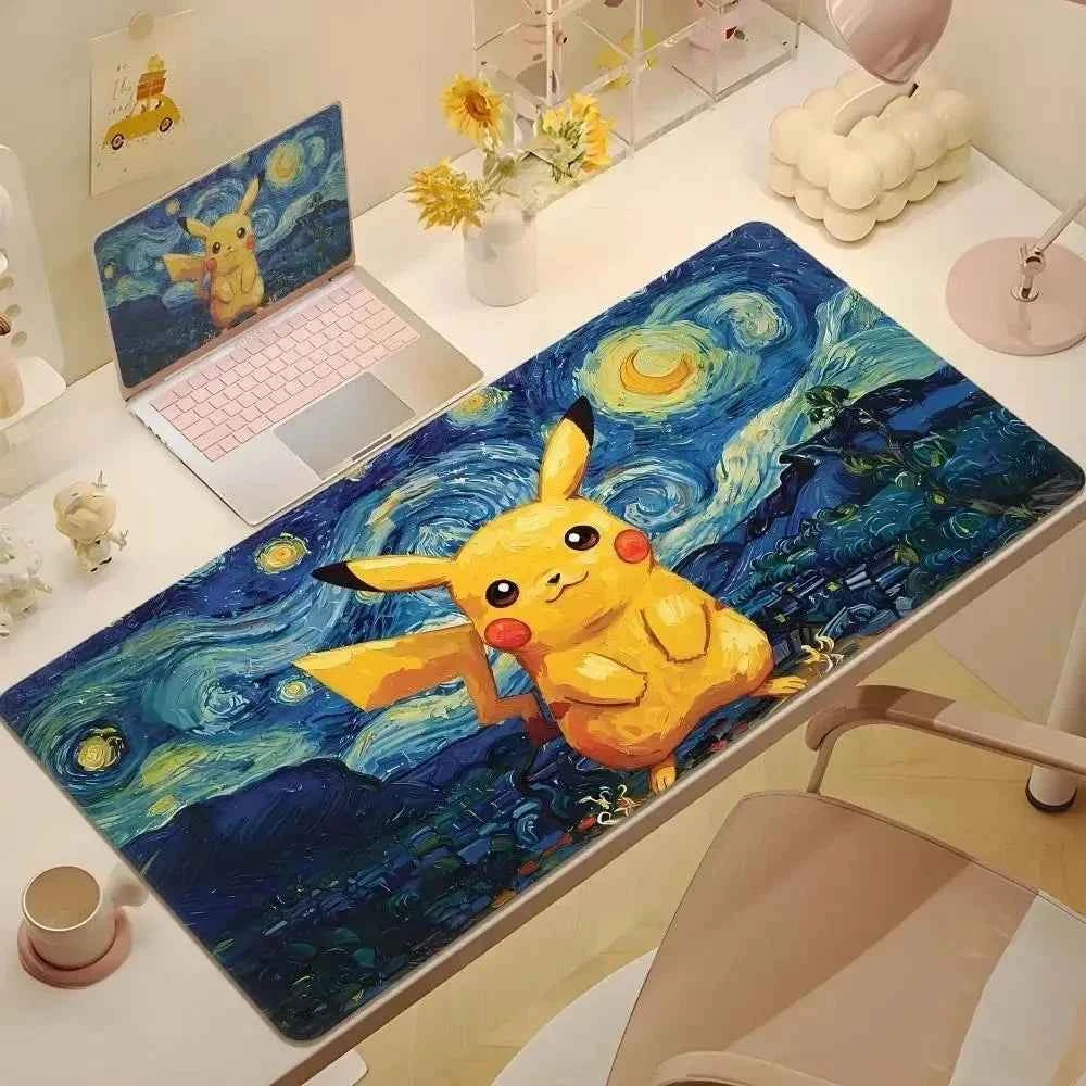 Cute Psyduck Gaming Leather Mouse Pad PC Pikachu Large Size Gamer Keyboard Pokemon Desktop Mouse Mat Starry Night Tablecloth