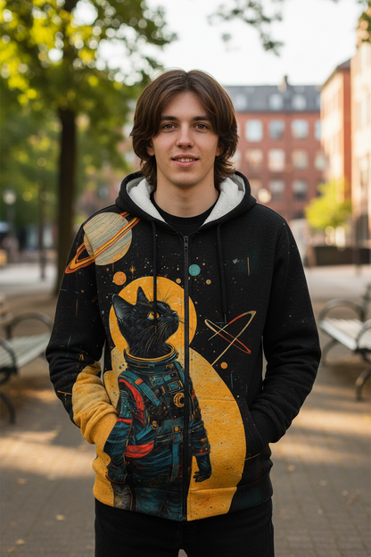 A young man wearing a black zip-up hoodie with a colorful graphic print of a cat in an astronaut suit against a yellow crescent moon and space-themed design, standing outdoors in a park-like setting.