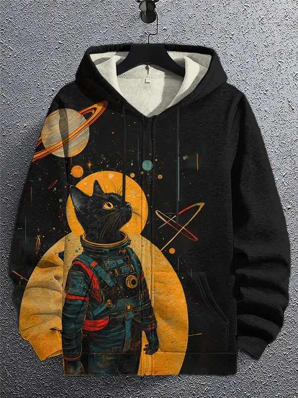 Black hoodie with an astronaut cat design on a gray background
