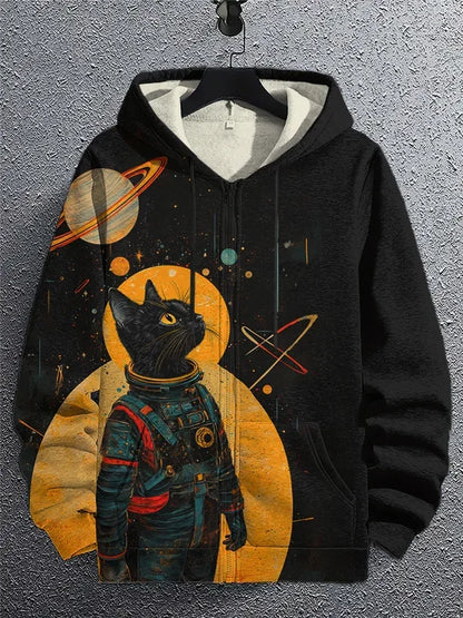 Black hoodie with an astronaut cat design on a gray background