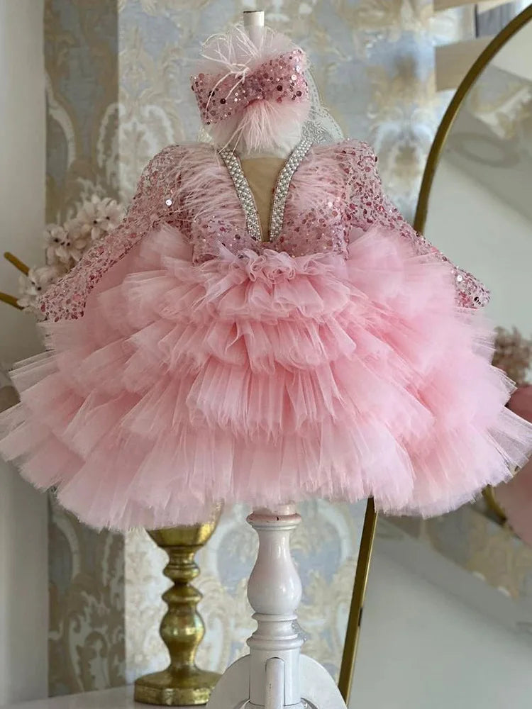 Luxury Girl Party Dress Birthday Party Evening Dress First Formal Christmas Gift Girl Sequins Stage Performance Pink Dress