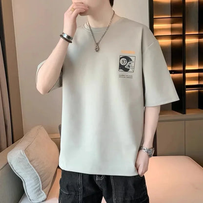 2025 Summer New Men's Short Sleeve T-Shirt Hong Kong Style Loose Fit Versatile Ice Silk Thin Clothing Youth Trendy