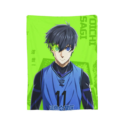 A rectangular printed blanket or mat featuring an anime-style character portrait on a bright lime green background. The character has dark blue-black hair, one blue eye, and one green eye, wearing a blue athletic jersey with the number 11.