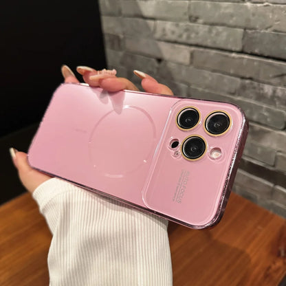 Luxury Large Glass Window for Magsafe Case For iPhone 16 15 14 Pro Max 16Promax 16Pro Plating Magnectic Wireless Charging Cover