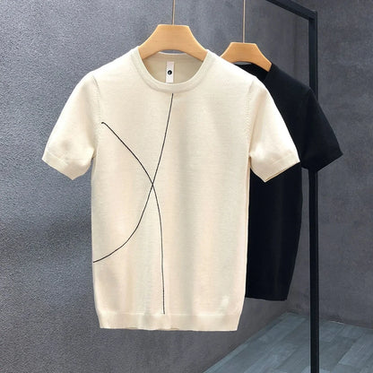 Men's Slim Fit Ice Silk Knitted T-shirt High Quality Cotton Blend Casual Streetwear Short Sleeves T Shirt For Men