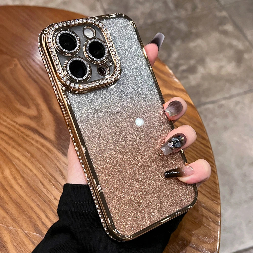 Luxury Plating Diamond Rhinestone Glitter Case For iPhone 11 12 13 14 15 16 Pro Max Plus Transparent Bling Soft Silicone Cover