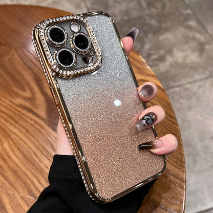 Luxury Plating Diamond Rhinestone Glitter Case For iPhone 11 12 13 14 15 16 Pro Max Plus Transparent Bling Soft Silicone Cover