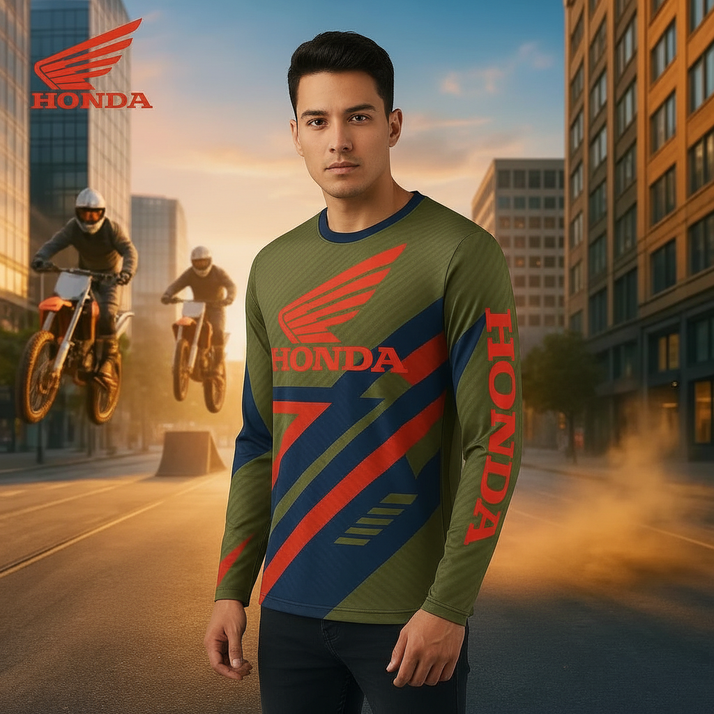 A man wearing a long-sleeve Honda performance jersey stands in an urban street scene at sunset, with motorcycle riders visible in the background. The jersey is olive green with bold red and navy graphic panels and large Honda wing and wordmark graphics.