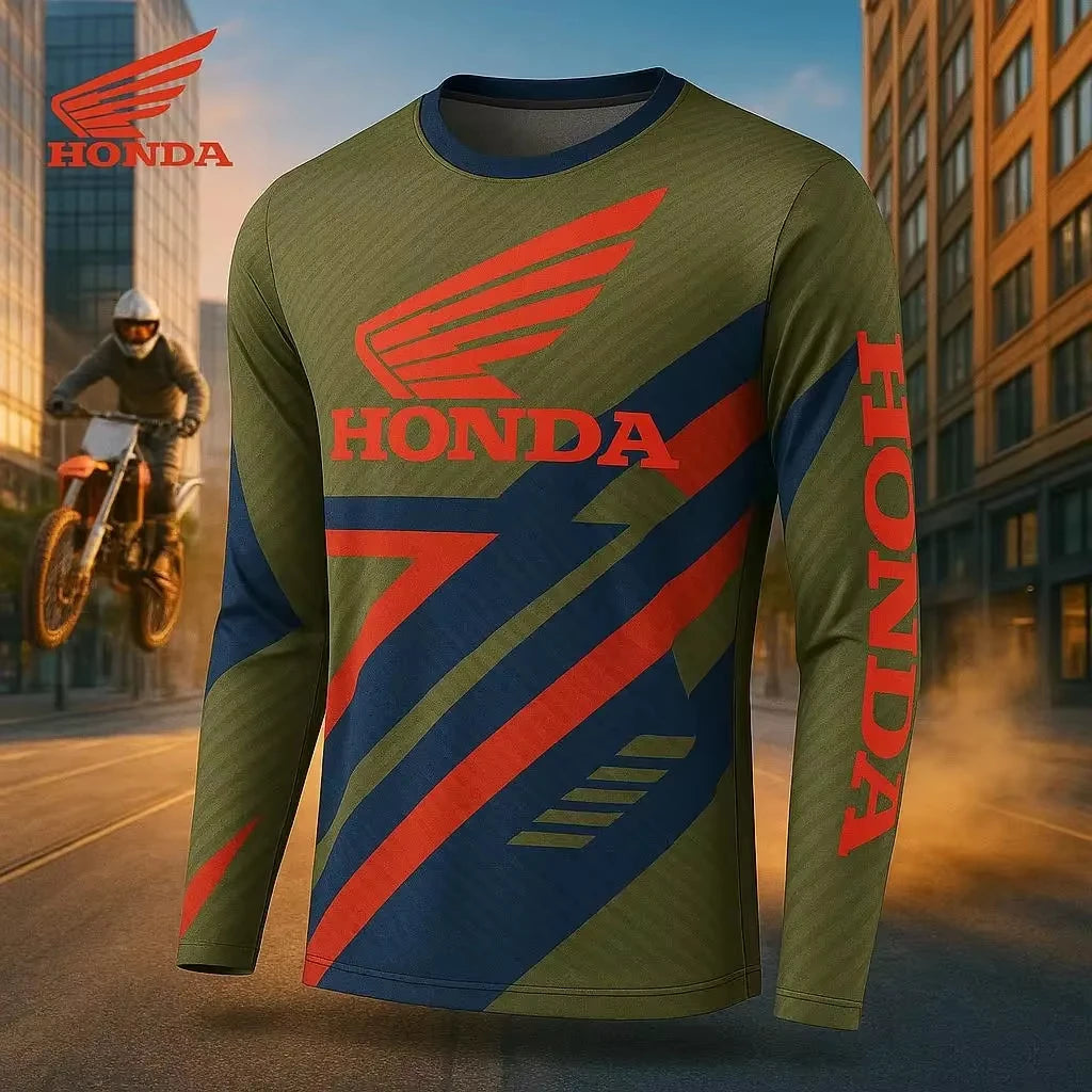 Long-sleeve shirt with Honda logo and design, featuring a cityscape background.