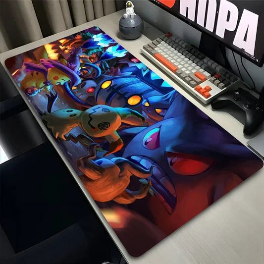 Colorful dragon design mouse pad on a desk with keyboard and monitor.