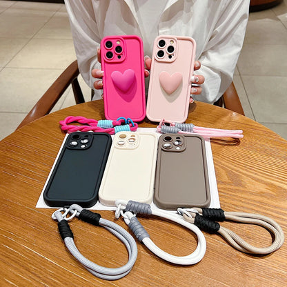 Luxury 3D Love Heart Matte Soft Lanyard Rope Phone Case For iPhone 16 15 14 13 12 11 Pro Max X XS XR 7 8 Plus Shockproof Cover