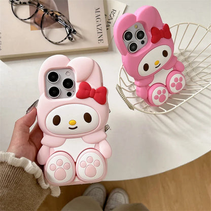 Cute 3D Cartoon Stand Holder Silicone Phone Case For iPhone 16 15 14 13 12 Pro Max Plus Soft Cover