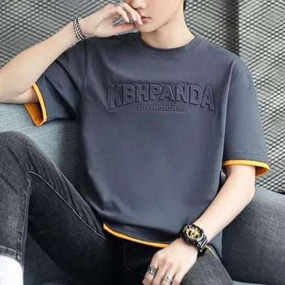 2025 Summer New Men's Short Sleeve T-Shirt Hong Kong Style Loose Fit Versatile Ice Silk Thin Clothing Youth Trendy