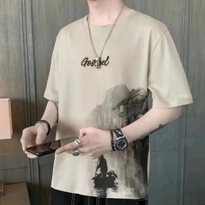 Loose Short Sleeve round Neck T-Shirt Thin Summer Casual Style for Men Breathable Streetwear Student Stall Short T-Shirt