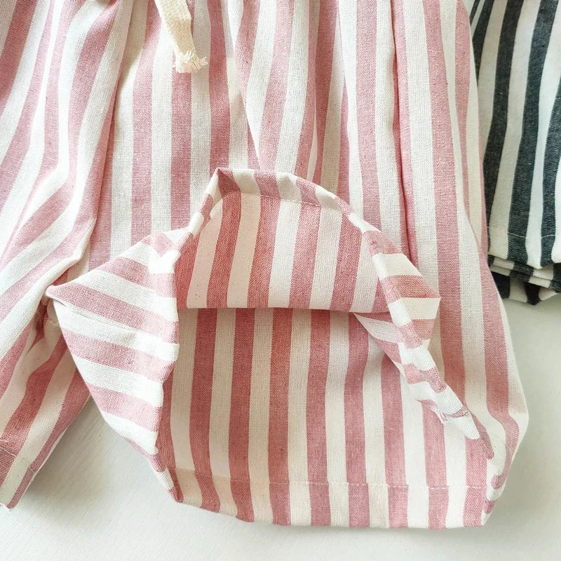 Spring Summer Boys Striped Loose Pants Baby Girl Vintage Casual Linen Cotton Harlan Pants Kids Lace-up Pant Children Clothing