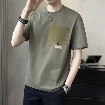 2025 Summer New Men's Short Sleeve T-Shirt Hong Kong Style Loose Fit Versatile Ice Silk Thin Clothing Youth Trendy