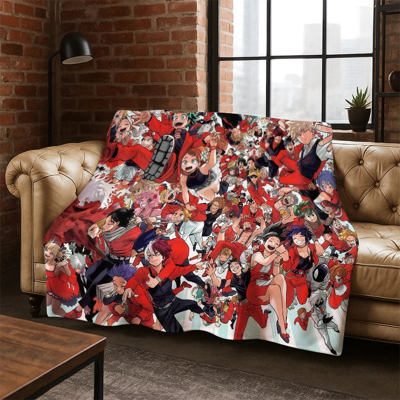 A plush throw blanket featuring a dense anime character print draped over a tan leather sofa in a modern living room setting with a brick wall and window.