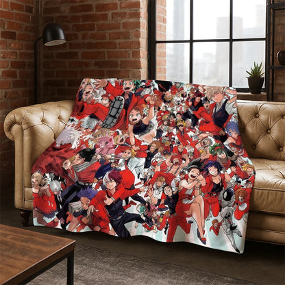 A plush throw blanket featuring a dense anime character print draped over a tan leather sofa in a modern living room setting with a brick wall and window.