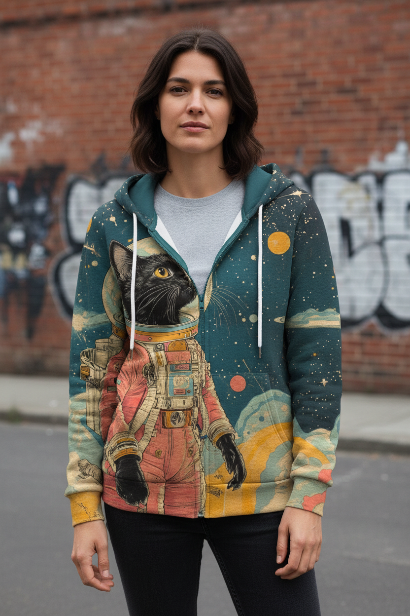 A woman stands outdoors in front of a brick wall with graffiti, wearing a hooded sweatshirt featuring a colorful space-themed print of a black cat in an astronaut suit. The hoodie has a dark teal background with yellow, orange, and beige celestial details.