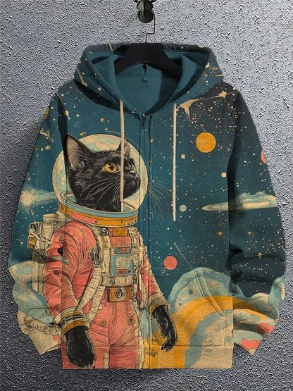 Hoodie with a cat in an astronaut suit design on a textured gray background