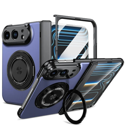 A blue and black magnetic phone case set shown from multiple angles on a white background, featuring a built-in screen protector, circular MagSafe ring, and fold-out stand.