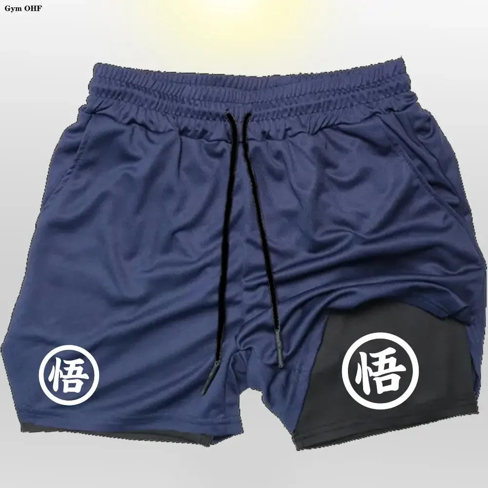 Goku Anime Running Shorts Men Fitness Gym Training 2 in 1 Sports Shorts Quick Dry Workout Jogging Double Deck Shorts