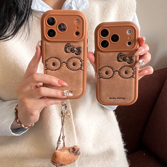 Brown Cute Leather Leopard Print Glasses KT Phone Case Suitable For iPhone 14 Pro 15 16 17 Pro Max Shockproof Protective Case