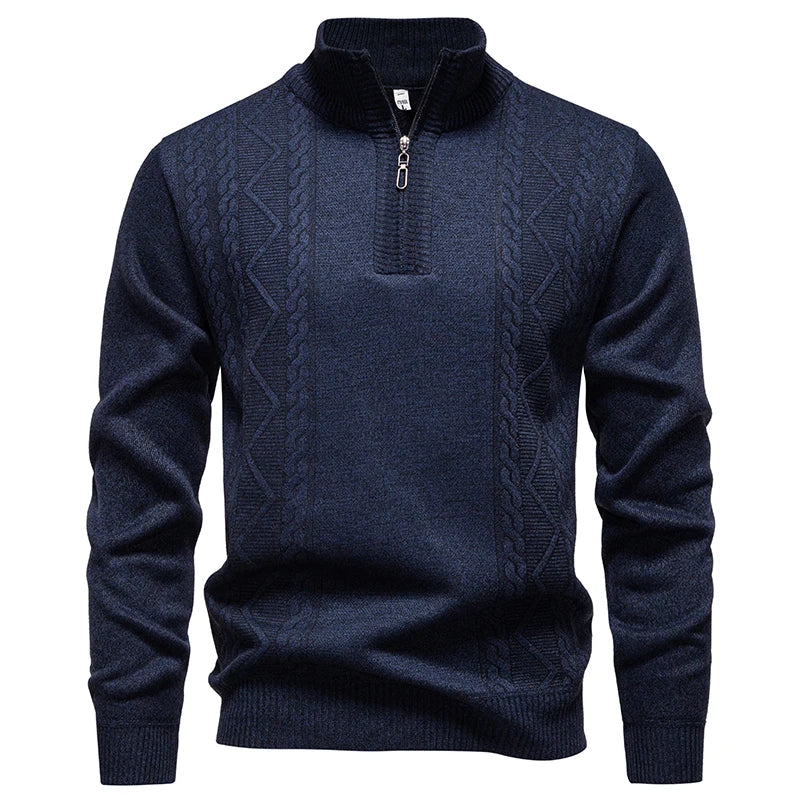 Winter Fleece-Lined Stand Collar Half-Zip Pullover Knitted Sweater for Men,Multi-Color Versatile Casual  Men's Knit Sweater