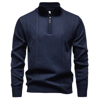 Winter Fleece-Lined Stand Collar Half-Zip Pullover Knitted Sweater for Men,Multi-Color Versatile Casual  Men's Knit Sweater