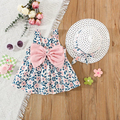 Summer New Girls Dress Halter Ribbon Ribbon Full Print Floral A-line Dress Birthday Party Team Dress + Hat Bow Ribbon